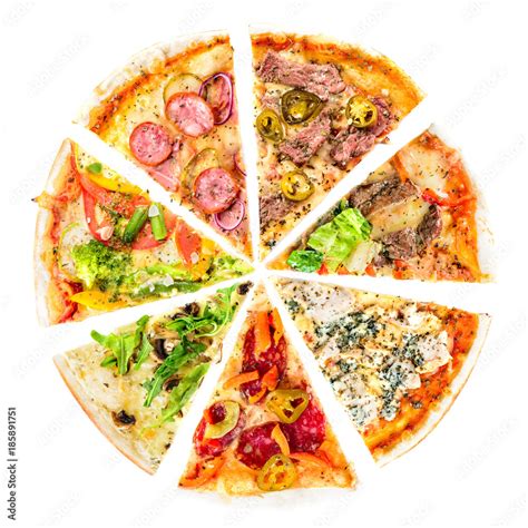 set of Different slices of pizza isolated on white. Delicious fresh ...