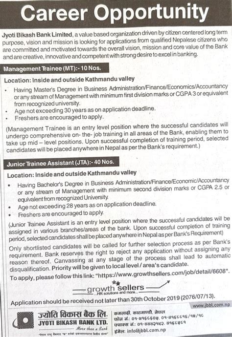 Vacancy notice from Jyoti Bikash Bank limited