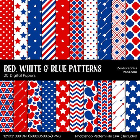 Red, White & Blue Patterns, 20 Digital Papers 12x12, Photoshop Pattern ...