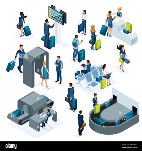 Airport isometric icons set of reception and passport check desk ...