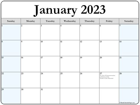 January 2023 with holidays calendar