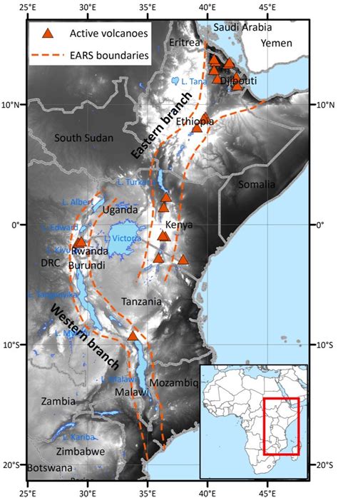 Extension of the East African Rift Systems showing the two branches ...