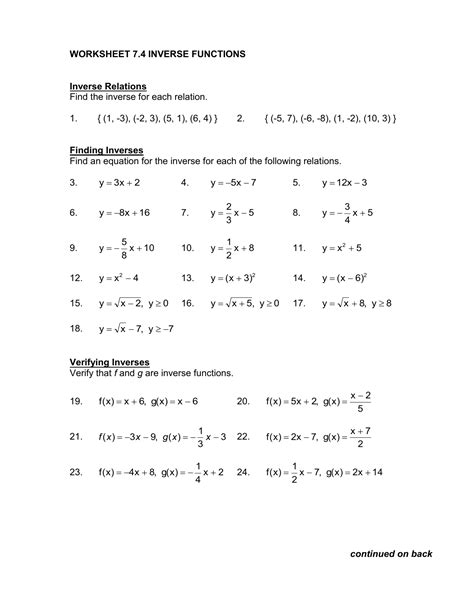 Inverse Functions Worksheet With Answers - Wordworksheet.com