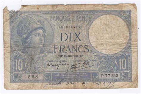 Old Money Antique 1940 Dix Francs French