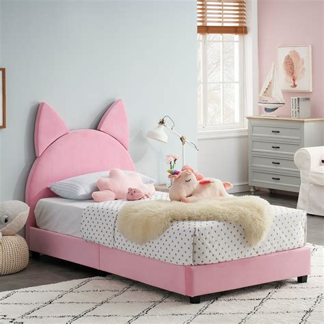 VECELO Kids Children Upholstered Bed Frame, Cat Shape, Twin Size ...