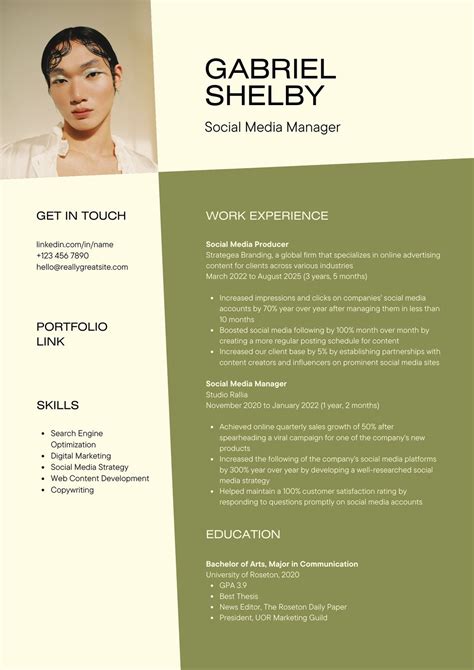 Olive Green Light Yellow Color Blocks Social Media Manager Resume ...