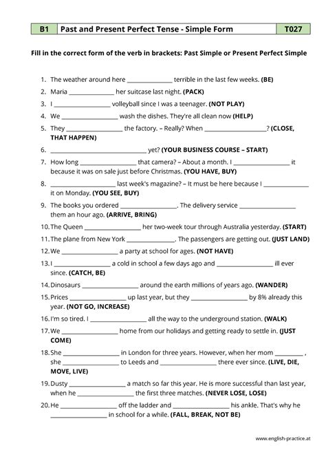 Past and Present Perfect Simple - PDF Grammar Worksheet - B1 - T027 ...