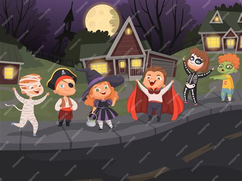 Premium Vector | Halloween city. Kids costumes night horror scary ...