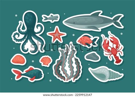 Sea Ocean Underwater Animals Stickers Set Stock Vector (Royalty Free ...