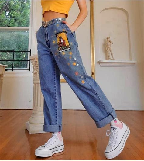 AESTHETIC VINTAGE ART HOE PRINTED DENIM PANTS - Cosmique Studio