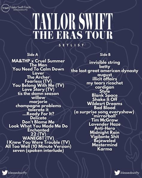 A Guide To Taylor Swifts Eras Tour Setlist Including All Her Surprise ...