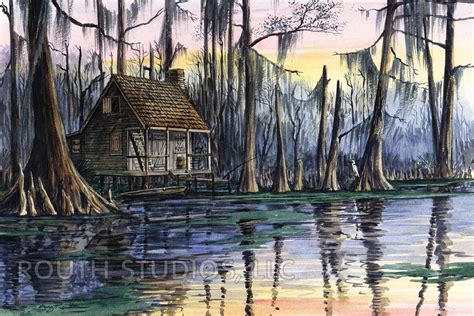 Louisiana Art Print swamp scene Sunset Cabin | Etsy