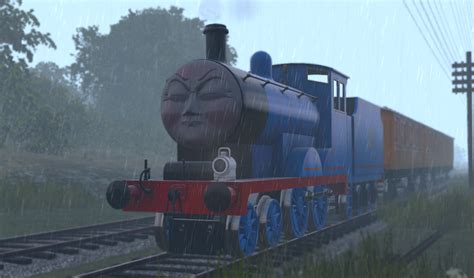 Edward the Blue Engine trying his hardest to get his passengers home ...