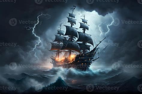 Sailing old ship in storm sea on the background clouds with lightning ...