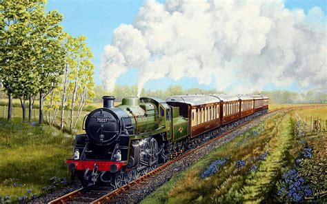 Spring Day, Train, Painting, Trees, Spring, HD wallpaper | Peakpx