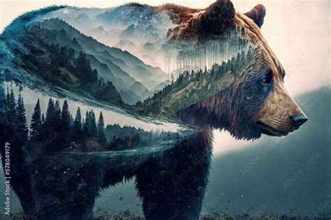 Wondrous brown grizzly bear in outdoor double exposure with natural ...