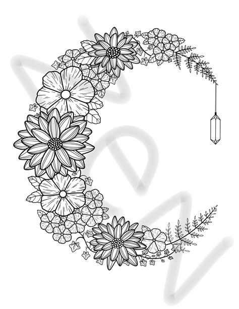 Floral Moon Printable Coloring Page, Printable Adult Coloring Pages ...