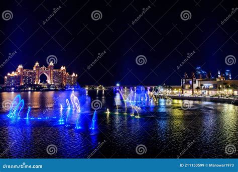 Dubai, UAE - Feb 5, 2020: Fountain at Dubai`s the Pointe at Palm ...