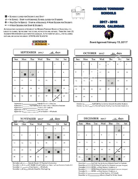 2017 - 2018 School Calendar | Monroe Township School District – Monroe ...