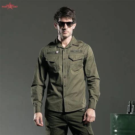 Man Shirts Long Sleeves Men's Slim Army Green Shirts Metal Snap Button ...