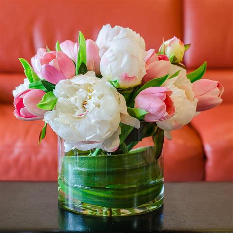 Silk White Peony & Real Touch Pink Tulip Arrangement – Flovery