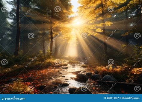 A Sunrise in a Misty Forest Stock Illustration - Illustration of scene ...