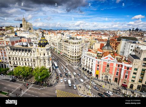 Madrid, Spain cityscape above Gran Via shopping street Stock Photo - Alamy