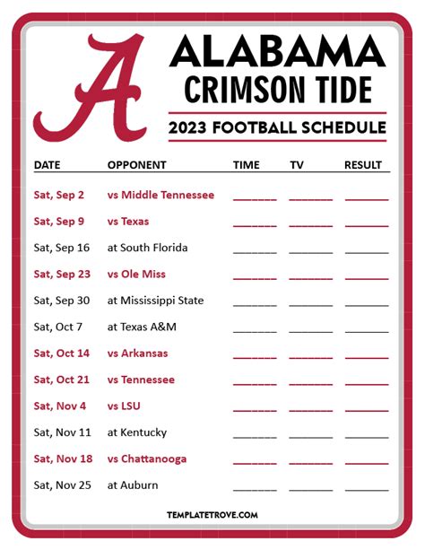 Printable 2023 Alabama Crimson Tide Football Schedule