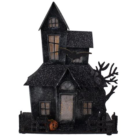 10.25" Glittered Black LED Lighted Halloween Haunted House Tabletop ...