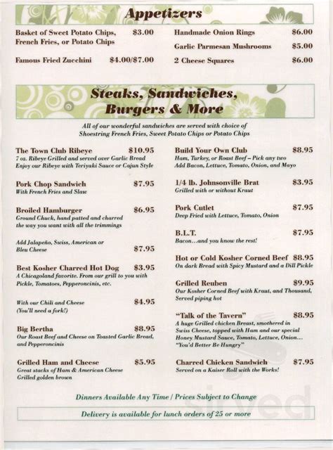 Town Club Restaurant menu in Highland, Indiana, USA