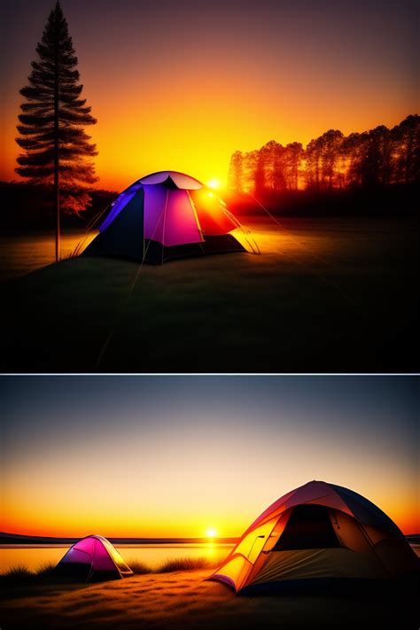 Lexica - Sunset, Camping, tent as a black Silhouette, stars