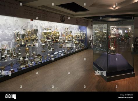 Trophy cabinet in the Trophy room at Old Trafford Stadium, home to ...