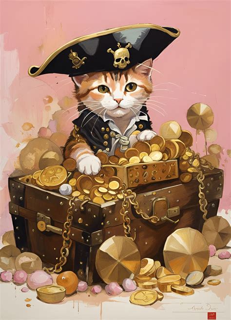 Pirate Cat with treasure chest and piles of gold - AI Generated Artwork ...