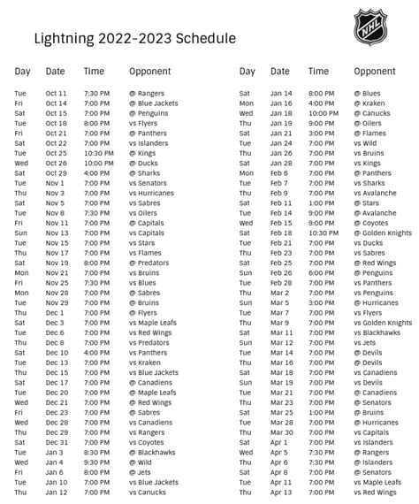 Tampa Bay Lightning 2022-23 Season Schedule