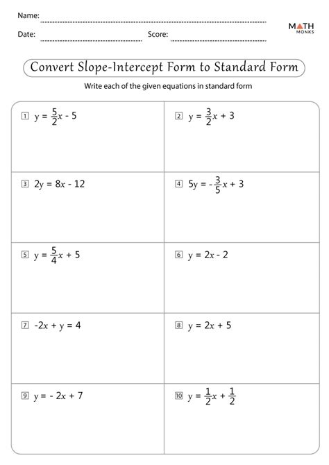 Slope Intercept Form Worksheets with Answer Key