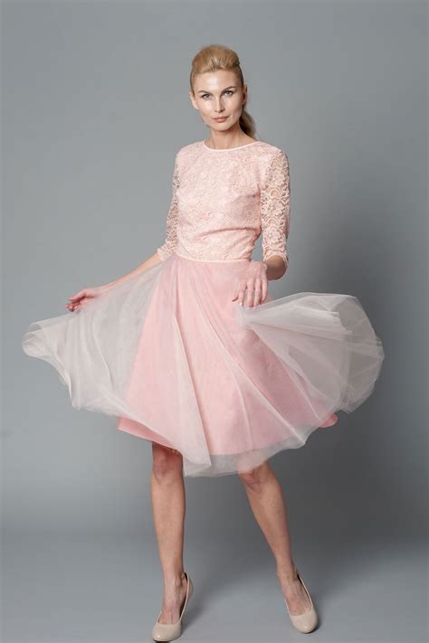 Blush Pink Midi Short Lace Overlay Dress With 3/4 Length Sleeve - Le Parole