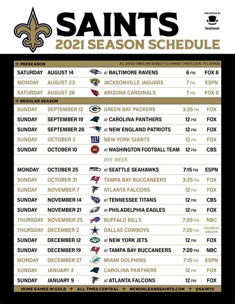 New Orleans Saints on Twitter: "Updated Saints schedule PDF with the ...