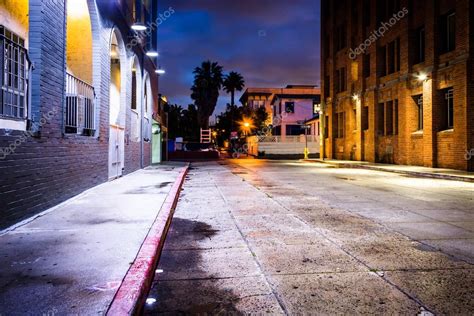 A dark street at night, in Venice Beach, Los Angeles, California ...