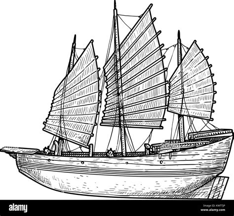 Junk boat illustration, drawing, engraving, ink, line art, vector Stock ...