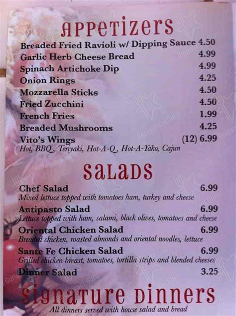 Menu at Vito's Italian Cuisine pizzeria, Kingman