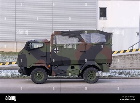 View of a Bundeswehr army vehicle of the type ESK Mungo parked at the ...