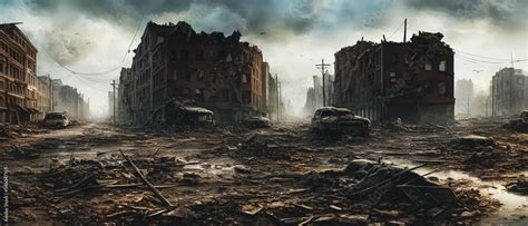 Concept illustration of a destroyed city after war, background ...