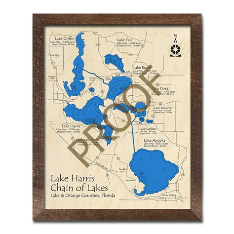 Lake Harris Chain of Lakes, Florida 3D Wood Map | Laser-etched Nautical ...