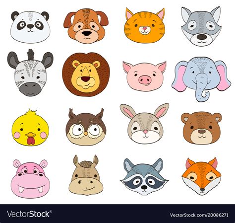 Set of cartoon animal faces on white baby animals Vector Image