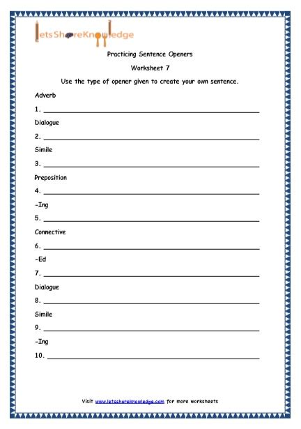 Grade 4 English Resources Printable Worksheets Topic: Sentence Openers ...