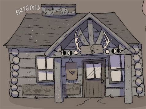 a drawing of a small house with antlers on it's roof and windows