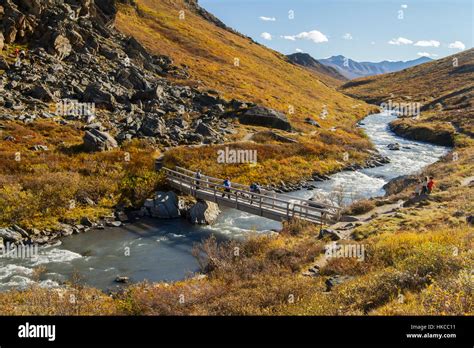 Hikers on the bridge over Savage River in autumn, Denali National Park ...