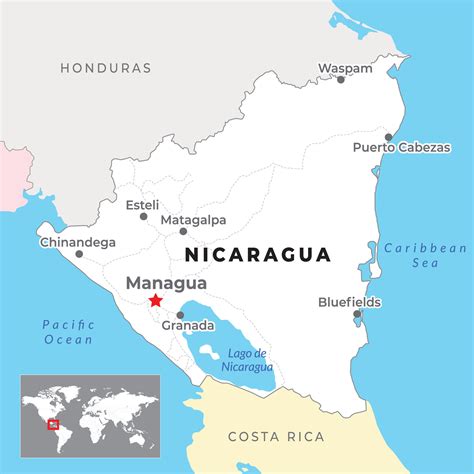 Nicaragua Political Map with capital Managua, most important cities and ...