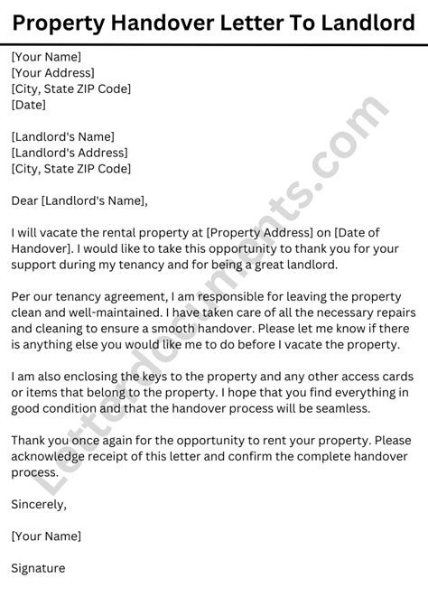 Property Handover Letter To Landlord | Letterdocuments