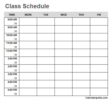 Printable Class Schedule Template for School & College Students